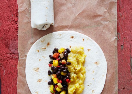 Black bean breakfast burrito with plantains and mango salsa