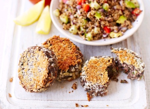 Black bean cakes with quinoa and avocado salad
