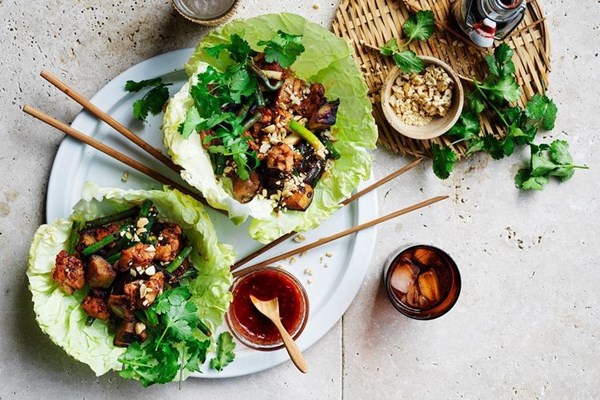 Black bean chicken and eggplant san choy bow