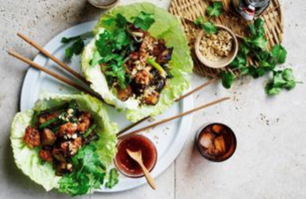 Black bean chicken and eggplant san choy bow