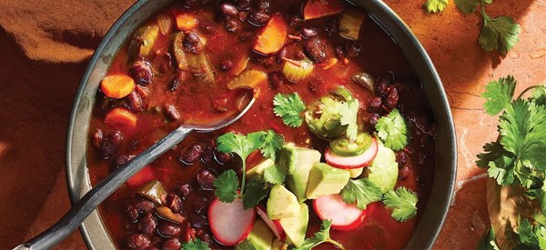 Black bean chili with quick-pickled avocado 