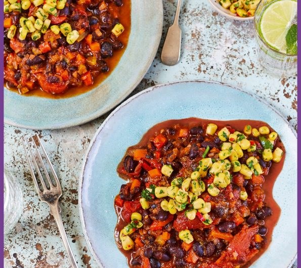 Black bean chilli with corn and lime salsa