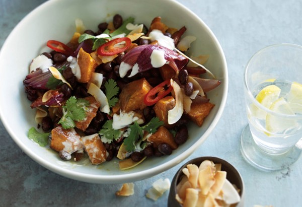 Black bean, chorizo, sweet potato and coconut bowl