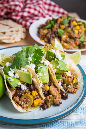 Black bean, corn and quinoa picadillo tacos