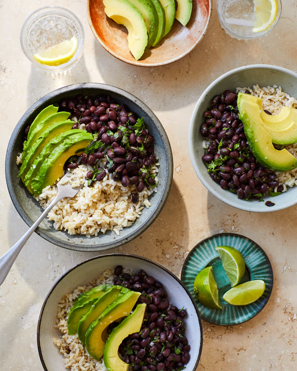 Black bean, lime, avocado and rice taco bowl