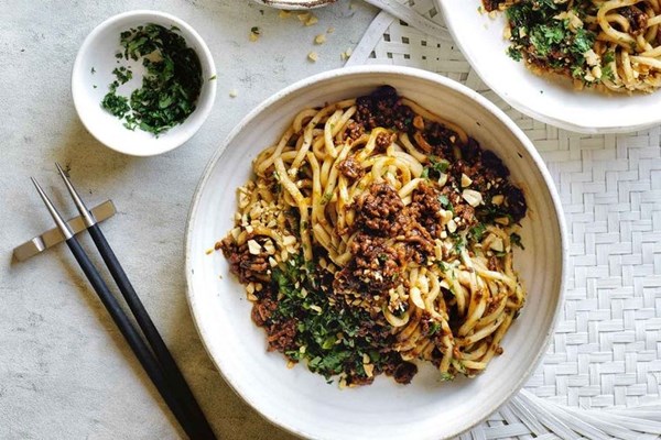 Black bean pork noodles with coriander and peanuts