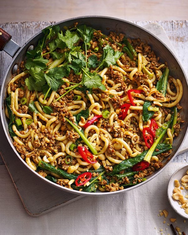 Black bean pork noodles with coriander and peanuts 