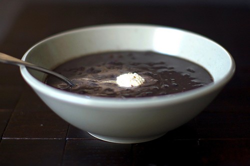 Black bean soup and toasted cumin seed crema