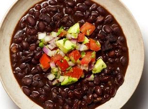 Black bean soup with avocado salsa