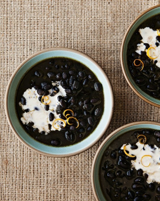 Black bean soup with Meyer lemon crème fraîche
