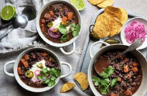 Black bean, sweet potato and quinoa soup with taco fixings