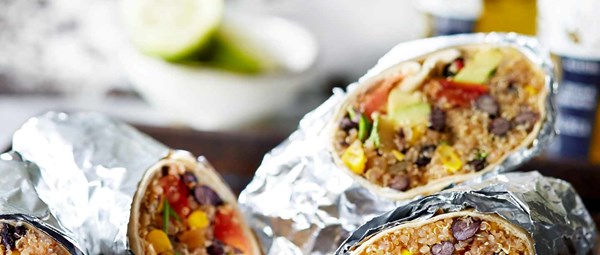 Black bean, sweetcorn and quinoa burritos