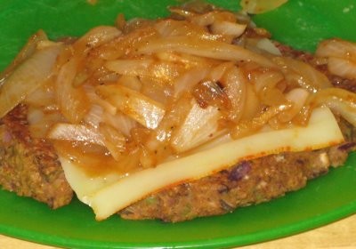 Black bean Swiss burgers with bbq onions