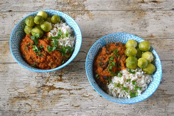 Black bean tomato carrot curry bowls with brown basmati rice