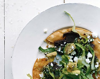 Black-bean tostados with roasted tomatillo sauce