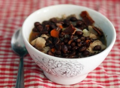 Black bean with bacon and oyster mushrooms soup