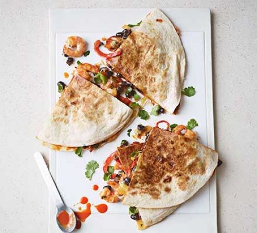 Black beans & prawn quesadillas