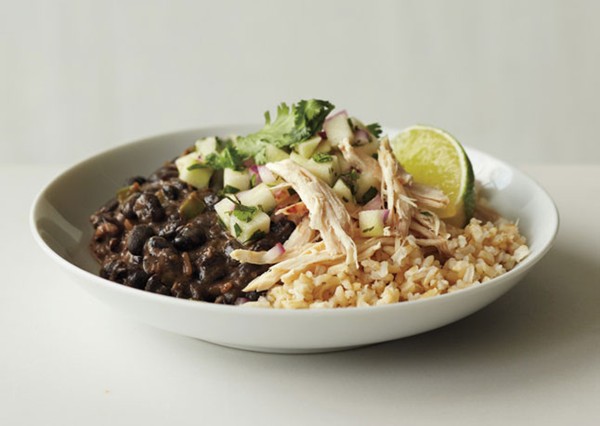 Black beans and rice with chicken and apple salsa