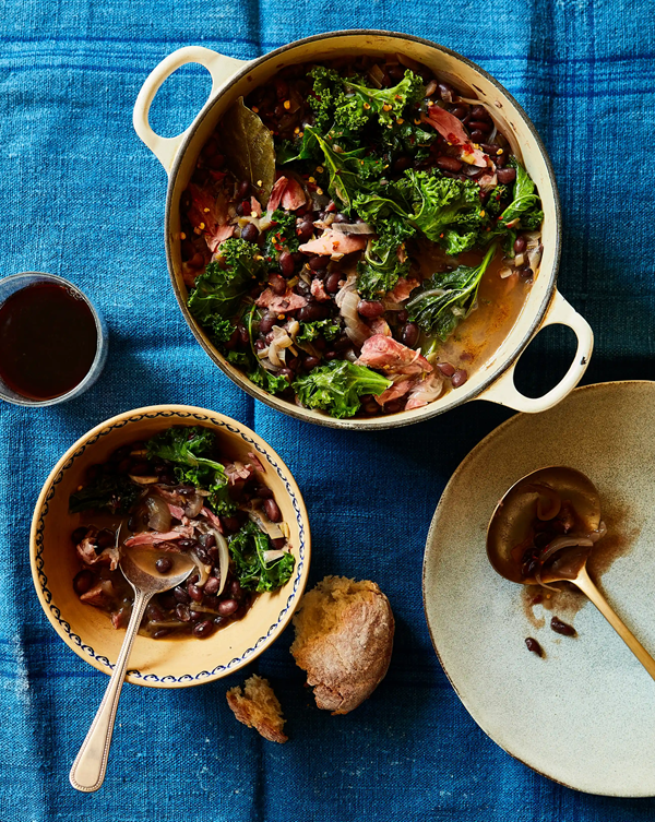 Black beans with ham hock and cabbage