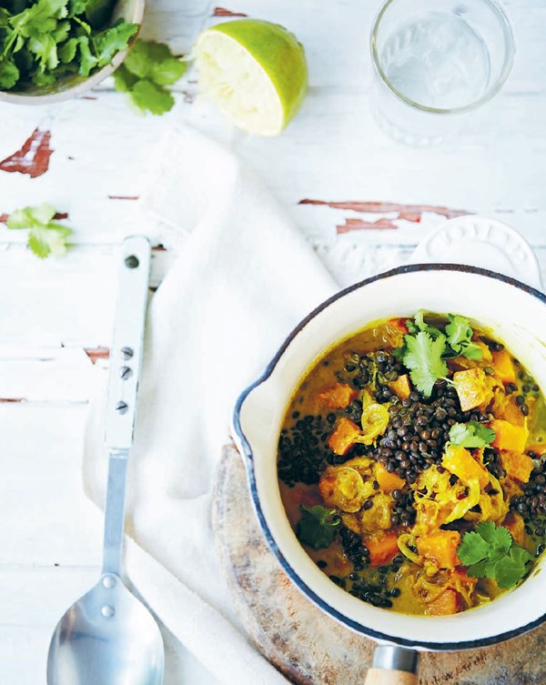 Black beluga lentil, sweet potato and coconut stew