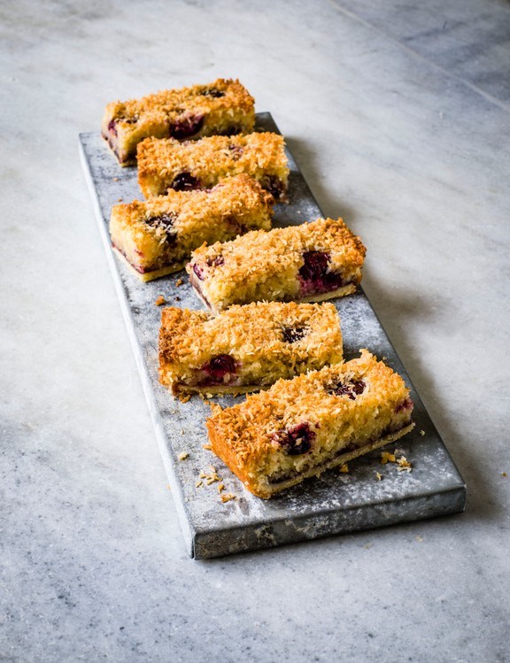 Black cherry and coconut Bakewell slices