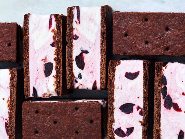 Black cherry-chocolate ice cream sandwiches