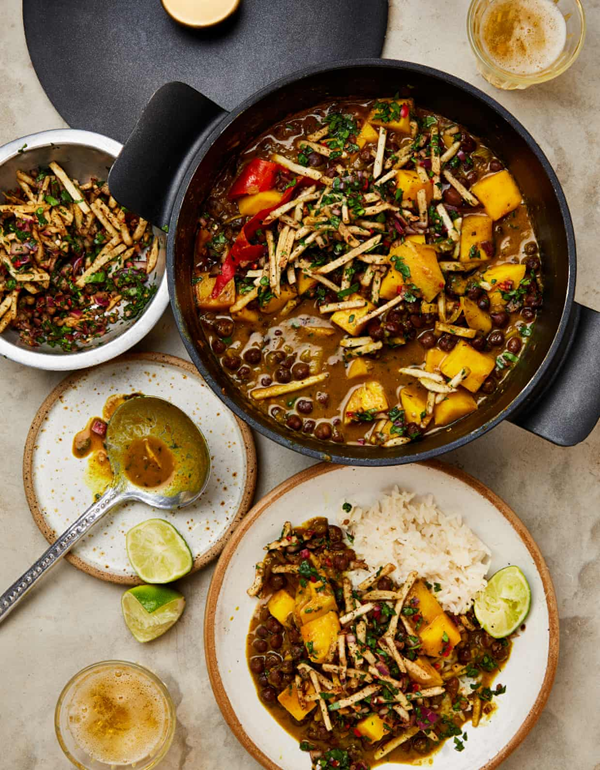 Black chickpea and mango curry with Bombay mix