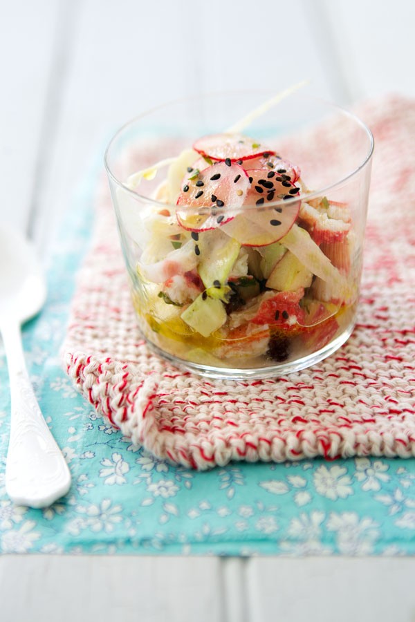 Black chickpea, crab and fennel verrine, with apple and avocado