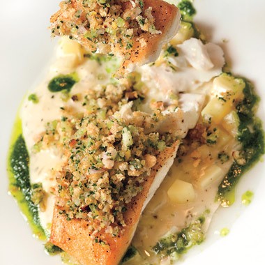 Black cod with fennel chowder and smoked oyster panzanella