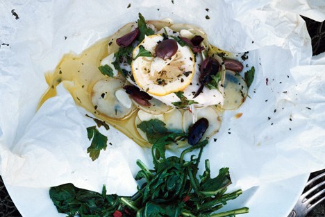 Black cod with olives and potatoes in parchment