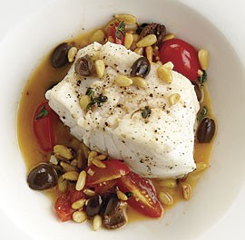 Black cod with pine nuts, tomatoes, and olives