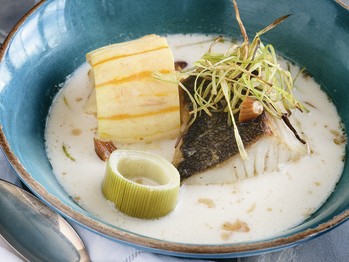 Black cod with toasted almond milk, delicata squash, and frizzled leeks