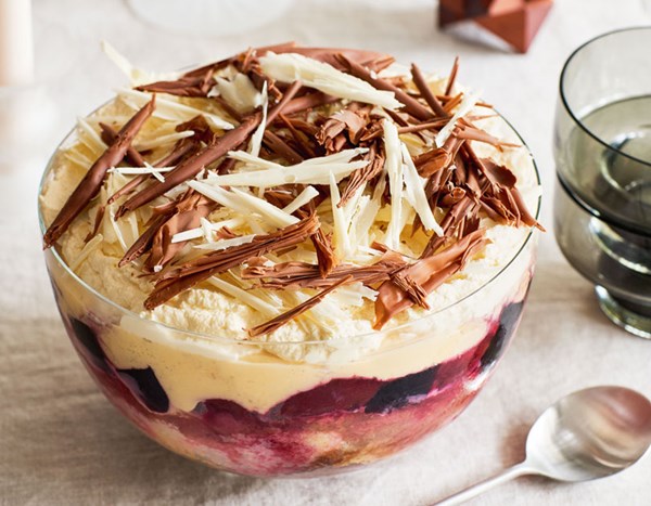 Black Doris plum rhubarb & white chocolate trifle