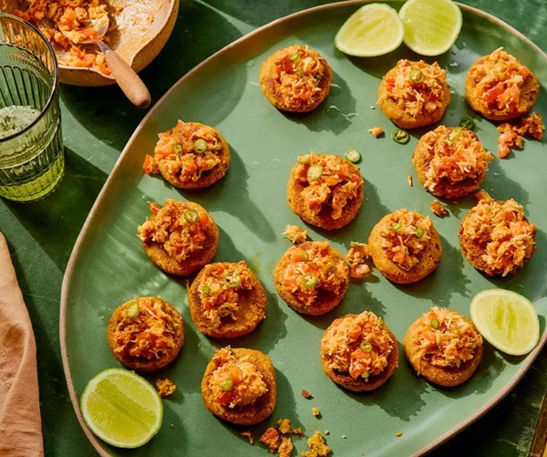 Black-eyed bean cakes with crab & chorizo
