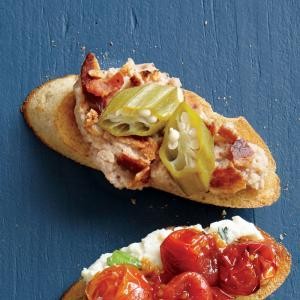 Black-eyed pea, bacon, and pickled okra bruschetta