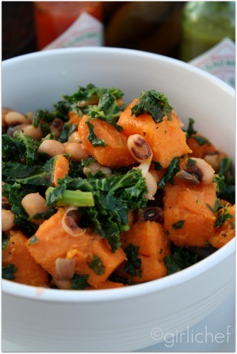 Black-eyed peas with kale and sweet potatoes