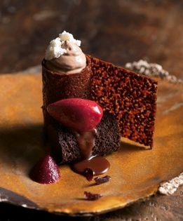 Black Forest craquelin with vanilla Chantilly, Sacher biscuit, cherry, and kirsch sorbet