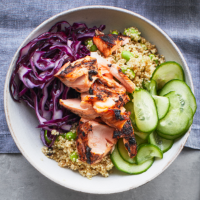Black garlic & soy salmon bowls