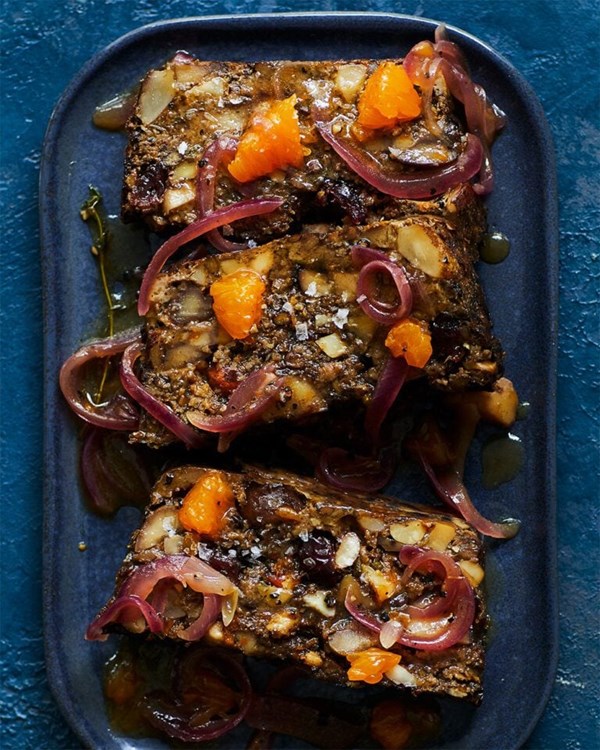 Black garlic and chestnut roast with clementine red onion gravy 