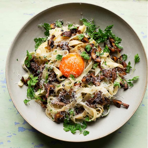 Black garlic and mushroom tagliatelle