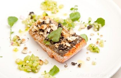 Black garlic, liquorice and macadamia crusted Alaska salmon with tomatillo salsa