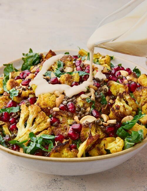 Black lentil and cauliflower salad with kale, cashews and pomegranate