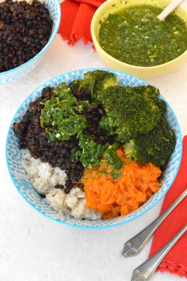 Black lentil bowl with chimichurri sauce