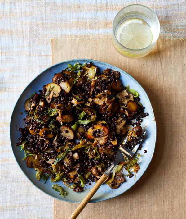 Black lentils with miso, mushrooms and spring onions