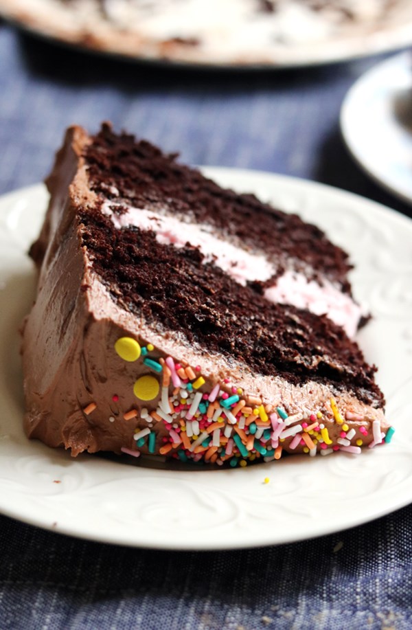 Black magic chocolate cake with chocolate marshmallow frosting and rose buttercream