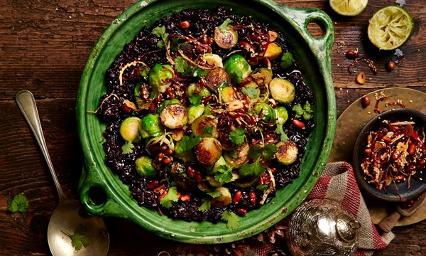 Black miso sticky rice with peanuts and Brussels sprouts