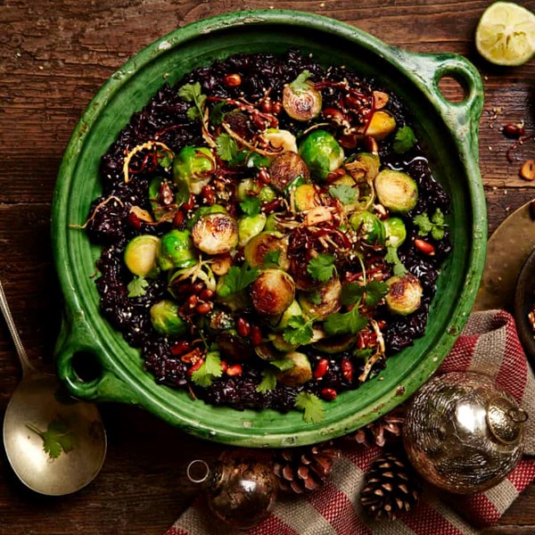 Black miso sticky rice with peanut and sprouts