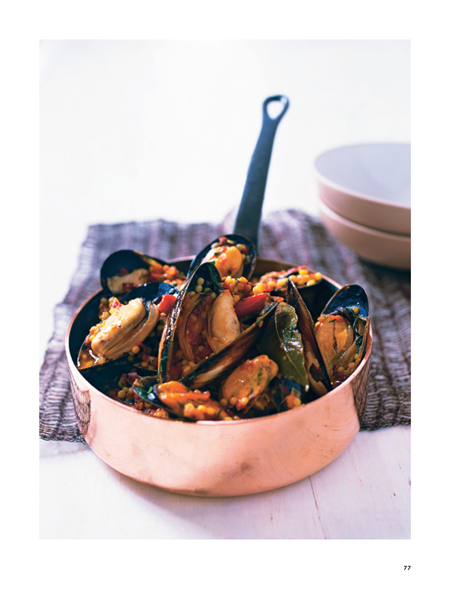 Black mussels with chorizo, chilli, tomato and pearl pasta