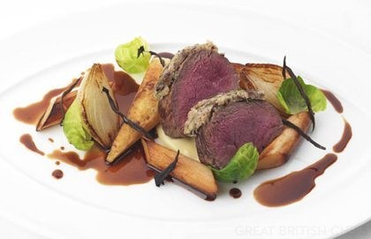 Black olive crusted Sika venison with salsify and parsnip
