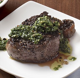 Black-pepper-crusted beef tenderloin with chimichurri sauce